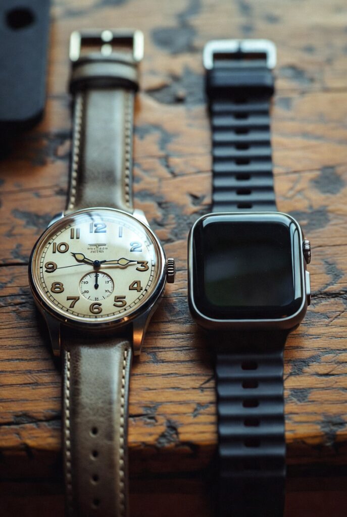 Zwei Armbanduhren nebeneinander auf einem alten Holztisch: Eine mechanische Vintage-Uhr (Gestern) und eine moderne Smartwatch (Heute), die beide exakt dieselbe Uhrzeit anzeigen.